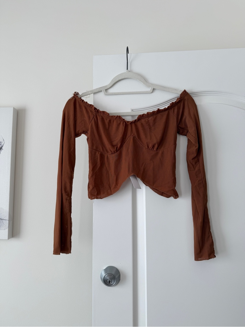Off-Shoulder Long Sleeve Crop Top — Brown
